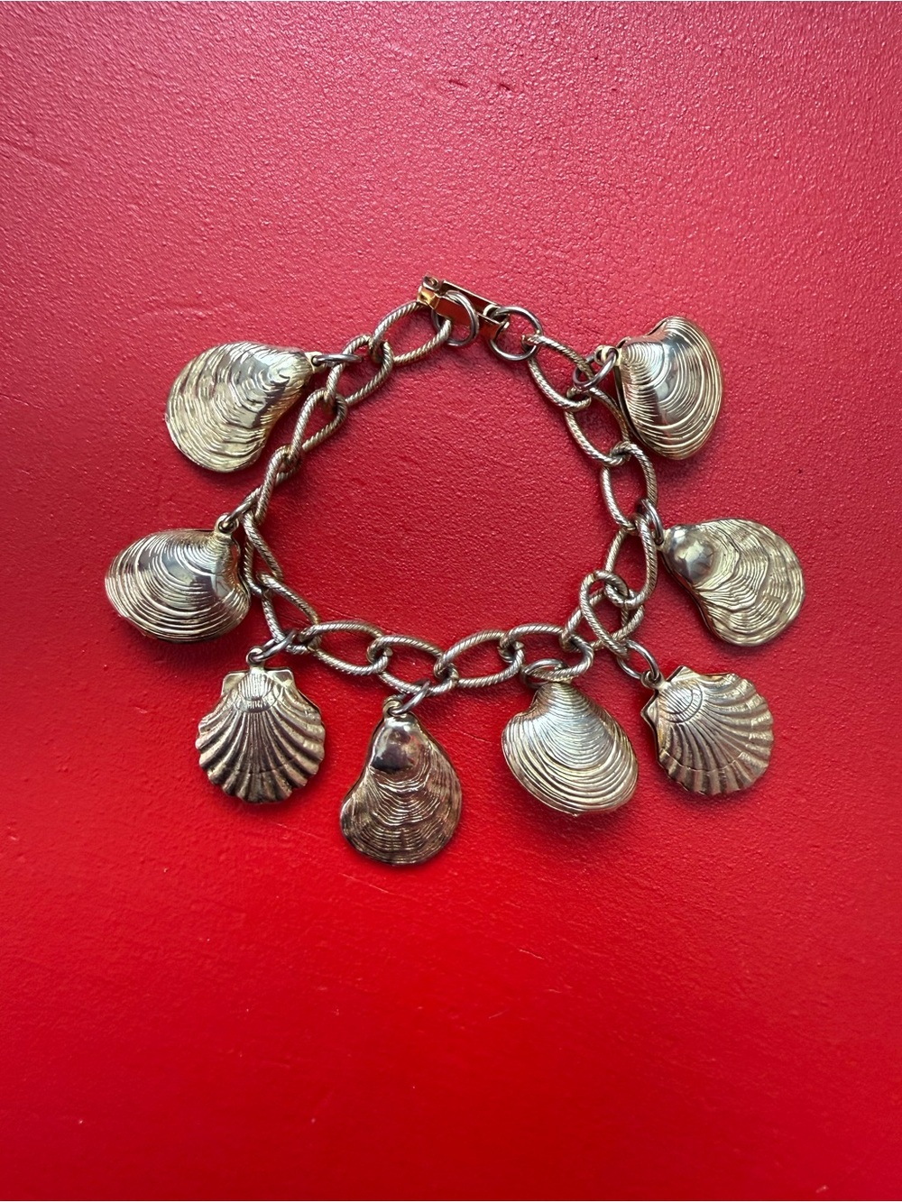 Vintage Bracelet Seashell Charm Chunky Gold Tone Coastal Link Nautical Beach